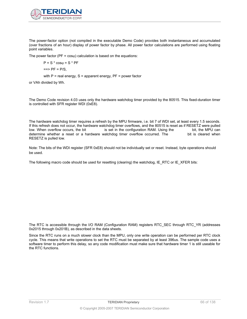Power factor measurement, 4 watchdog timer, 5 real-time clock (rtc) | Watchdog timer, Real-time clock (rtc) | Maxim Integrated 71M6521BE Energy Meter IC Family Software User Manual | Page 66 / 138