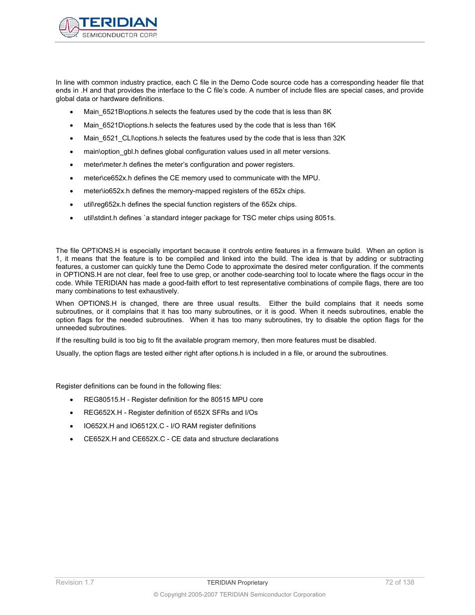 11 include/header files, 1 options.h, 2 register definitions | Include/header files, Options.h, Register definitions | Maxim Integrated 71M6521BE Energy Meter IC Family Software User Manual | Page 72 / 138