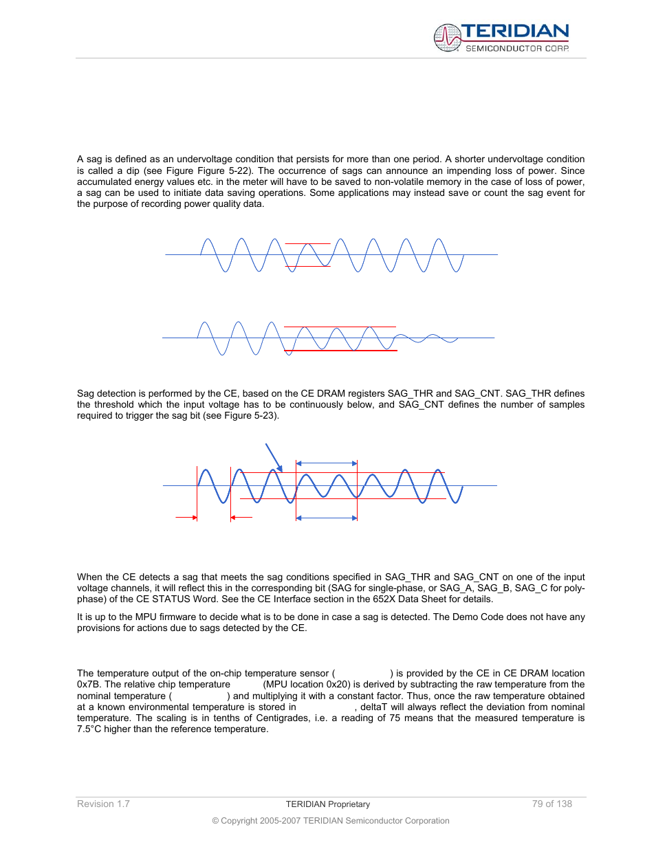 14 firmware application information, 1 sag detection, 2 temperature measurement | Firmware application information, Sag detection, Temperature measurement, Dip sag | Maxim Integrated 71M6521BE Energy Meter IC Family Software User Manual | Page 79 / 138