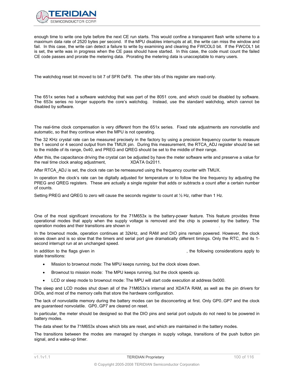 8 watchdog location, 9 software watchdog now deprecated, 10 real time clock compensation | 11 battery modes, Watchdog location, Software watchdog now deprecated, Real time clock compensation, Battery modes | Maxim Integrated 71M6534 Energy Meter IC Family Software User Manual | Page 100 / 116