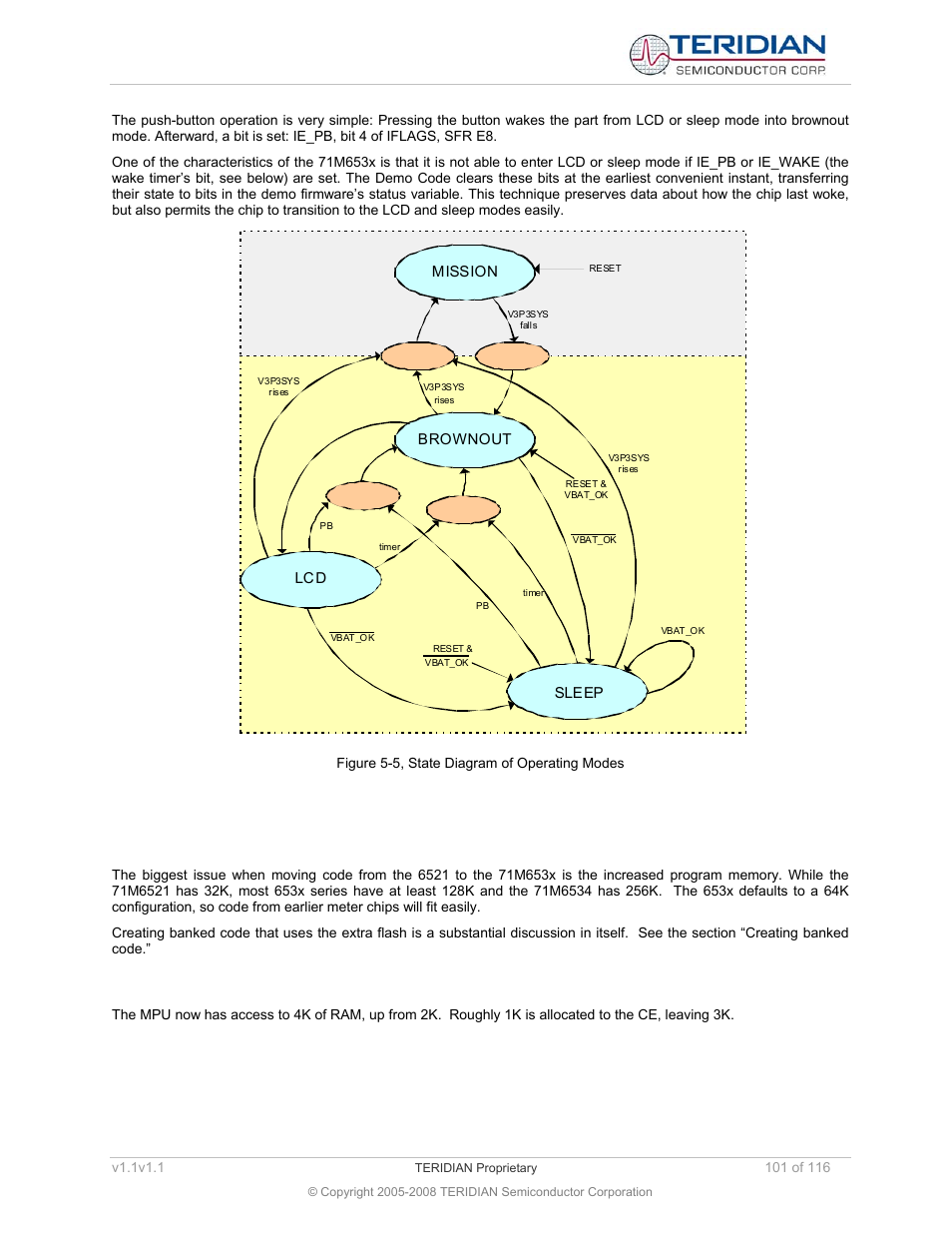 18 porting 71m6521 code to the 71m653x, 1 flash use, 2 extra ram | Porting 71m6521 code to the 71m653x, Flash use, Extra ram, Figure 5-5, state diagram of operating modes | Maxim Integrated 71M6534 Energy Meter IC Family Software User Manual | Page 101 / 116