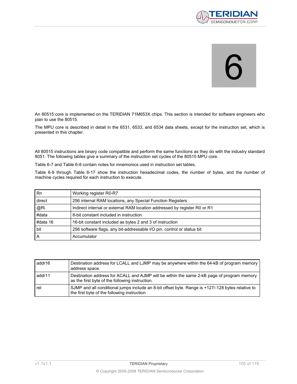 80515 mpu reference, 1 the 80515 instruction set, The 80515 instruction set | Table 6-7: notes on data addressing modes, Table 6-8: notes on program addressing modes | Maxim Integrated 71M6534 Energy Meter IC Family Software User Manual | Page 105 / 116