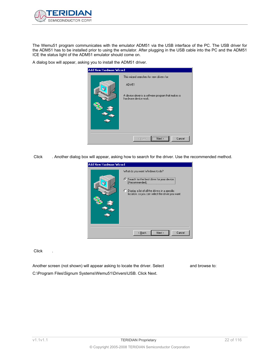 3 installing the adm51 usb driver, Installing the adm51 usb driver | Maxim Integrated 71M6534 Energy Meter IC Family Software User Manual | Page 22 / 116