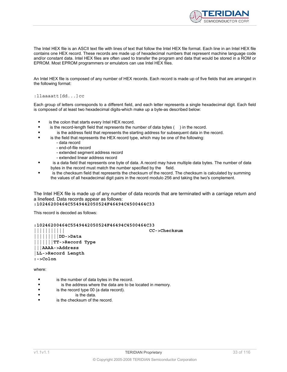 1 basic intel hex format, Basic intel hex format | Maxim Integrated 71M6534 Energy Meter IC Family Software User Manual | Page 33 / 116