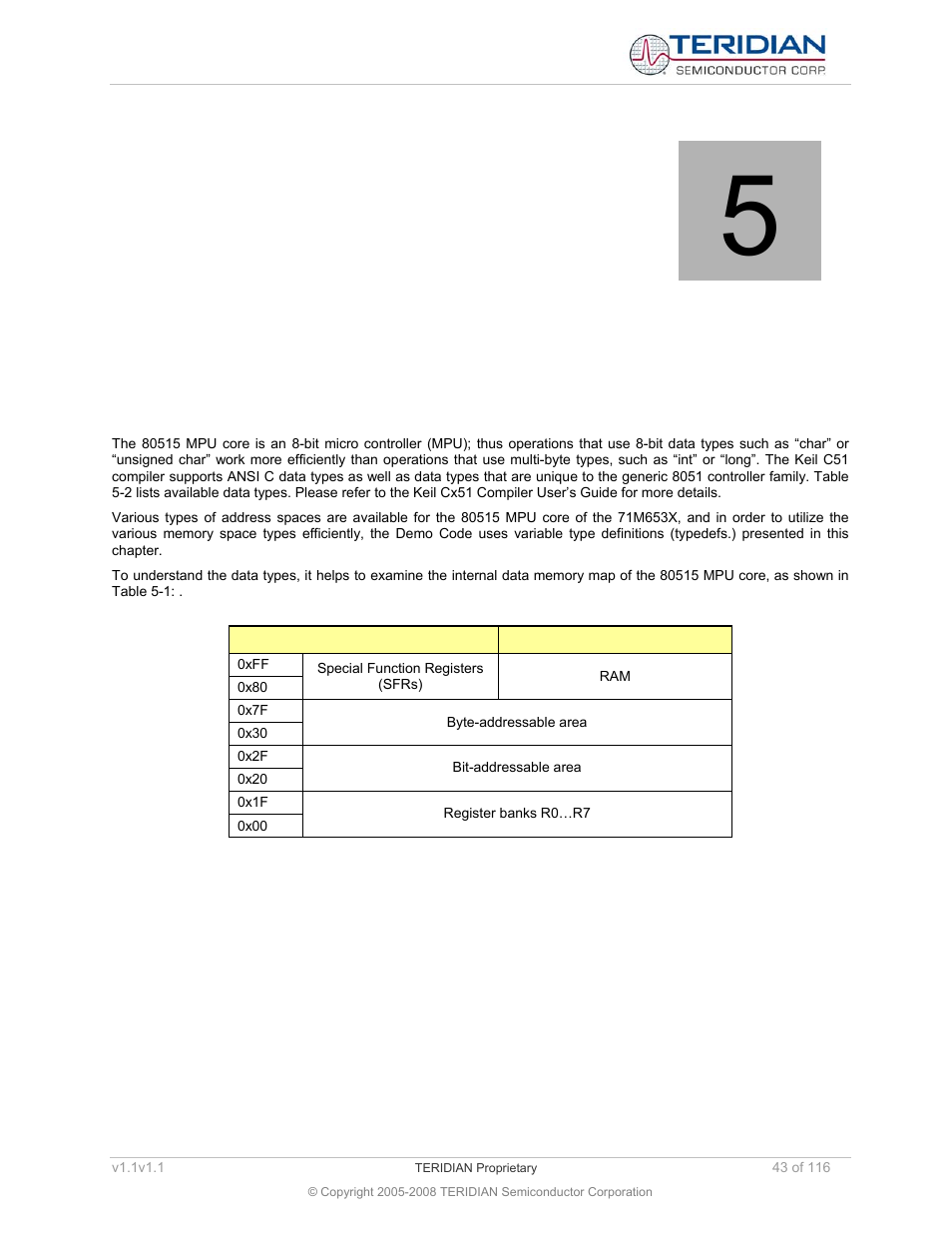 Demo code description, 1 data types, 80515 data types and compiler-specific information | Data types, Table 5-1: internal data memory map, 5demo code description | Maxim Integrated 71M6534 Energy Meter IC Family Software User Manual | Page 43 / 116