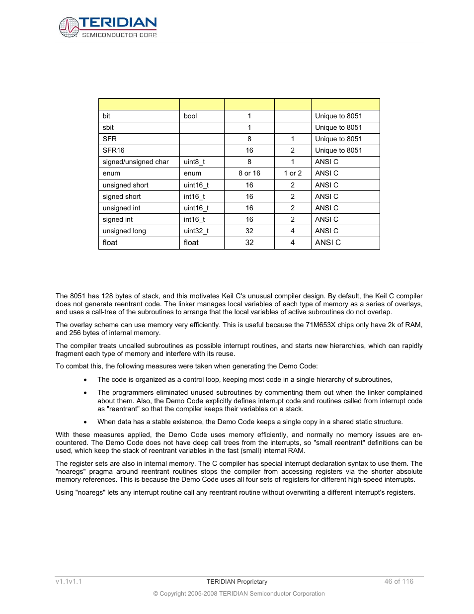 2 compiler-specific information, Compiler-specific information, Table 5-2: internal data types | Maxim Integrated 71M6534 Energy Meter IC Family Software User Manual | Page 46 / 116