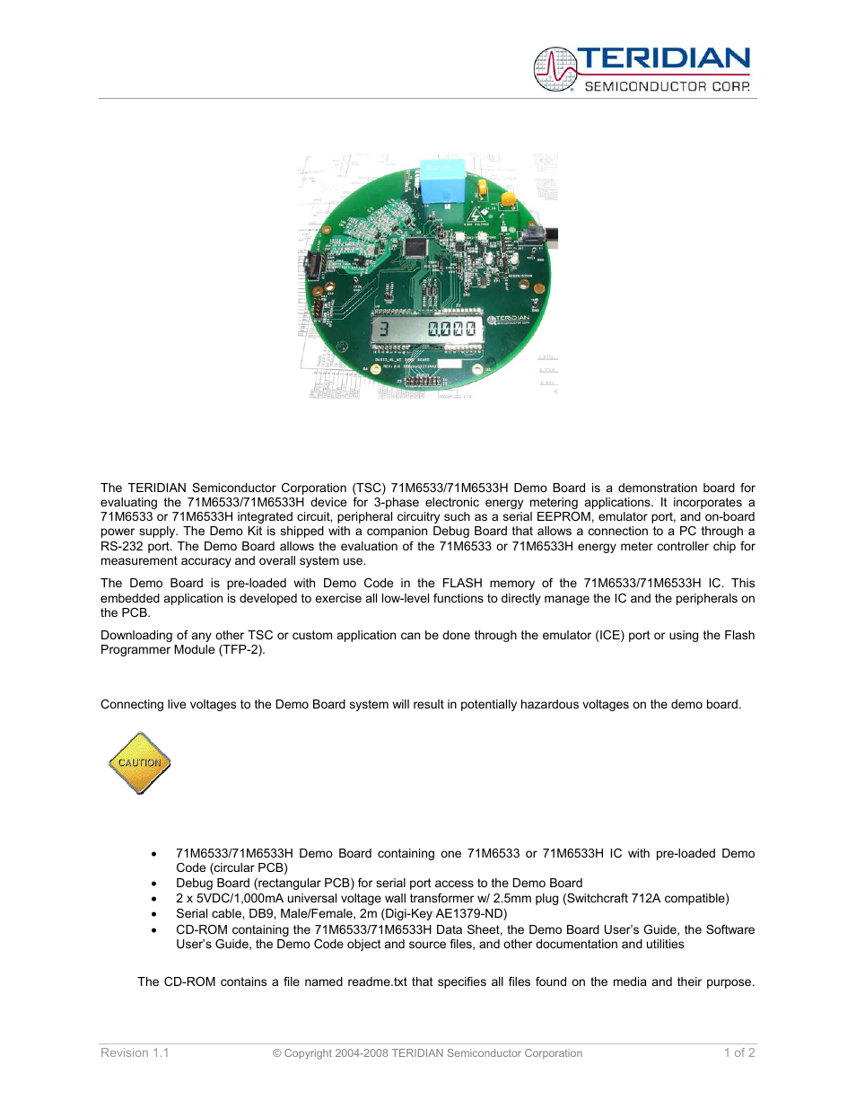 Maxim Integrated 71M6533H Demo Board User Manual | 2 pages