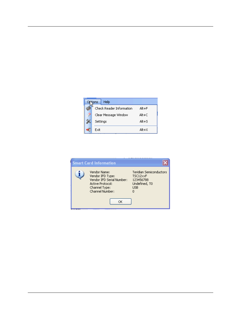 Abort, Terminate button, Options menu | Figure 13: options menu, Figure 14: smart card information dialog box, Section 2.1.7 | Maxim Integrated 73S12xxF USB-CCID Host GUI User Manual | Page 17 / 22