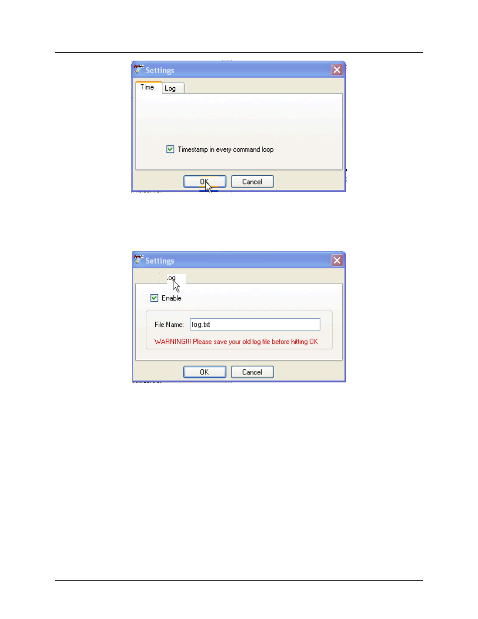 Figure 15: time stamp selection dialog box, Figure 16: log dialog box | Maxim Integrated 73S12xxF USB-CCID Host GUI User Manual | Page 18 / 22