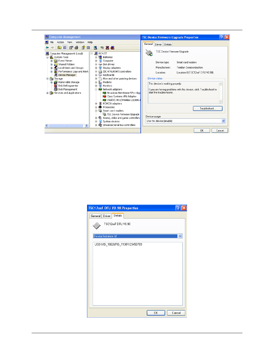 8b8b driver device instance ids, 12b12busb-dfu driver, Driver device instance ids | Usb-dfu driver, Figure 12: tscdfu.sys device instance id | Maxim Integrated 73S1217F Windows XP 32 USB CCID and DFU Drivers User Manual | Page 12 / 15