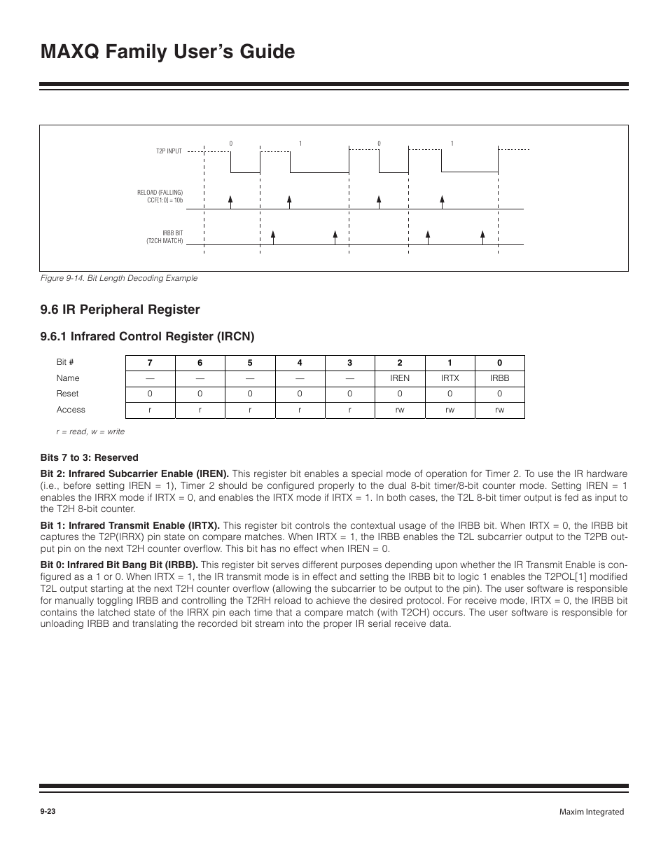 6 ir peripheral register, 1 infrared control regis, 6 ir peripheral register -23 | 1 infrared control register (ircn) -23, Figure 9-14. bit length decoding example -23, Maxq family user’s guide, 1 infrared control register (ircn) | Maxim Integrated MAXQ Family User Manual | Page 101 / 216