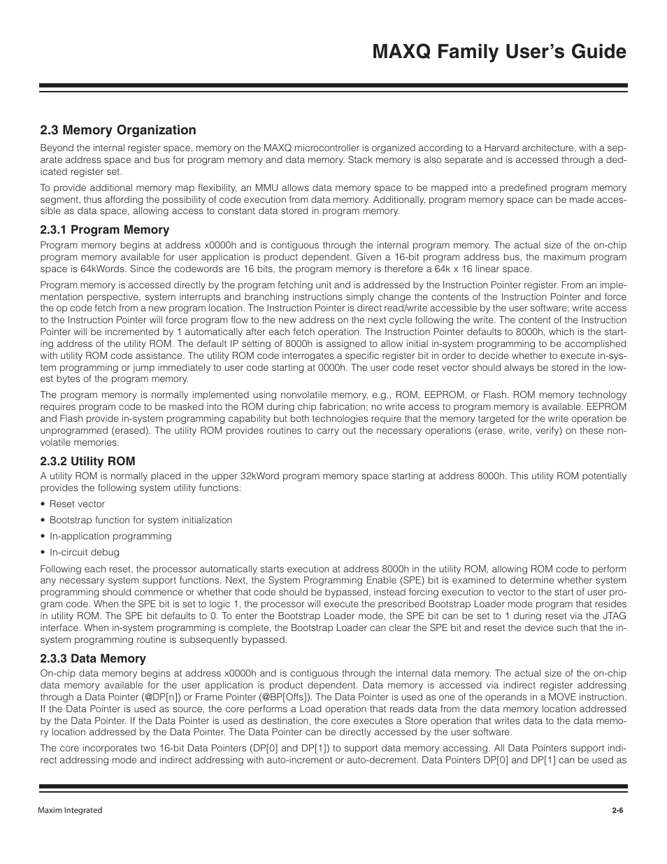 3 memory organization, 1 program memory, 2 utility rom | 3 data memory, 3 memory organization -6, 1 program memory -6, 2 utility rom -6, Maxq family user’s guide | Maxim Integrated MAXQ Family User Manual | Page 11 / 216
