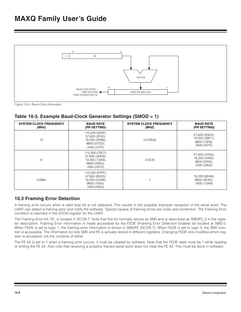 3 framing error detection, 3 framing error detection -9, Figure 10-5. baud-clock generator -9 | Maxq family user’s guide | Maxim Integrated MAXQ Family User Manual | Page 110 / 216