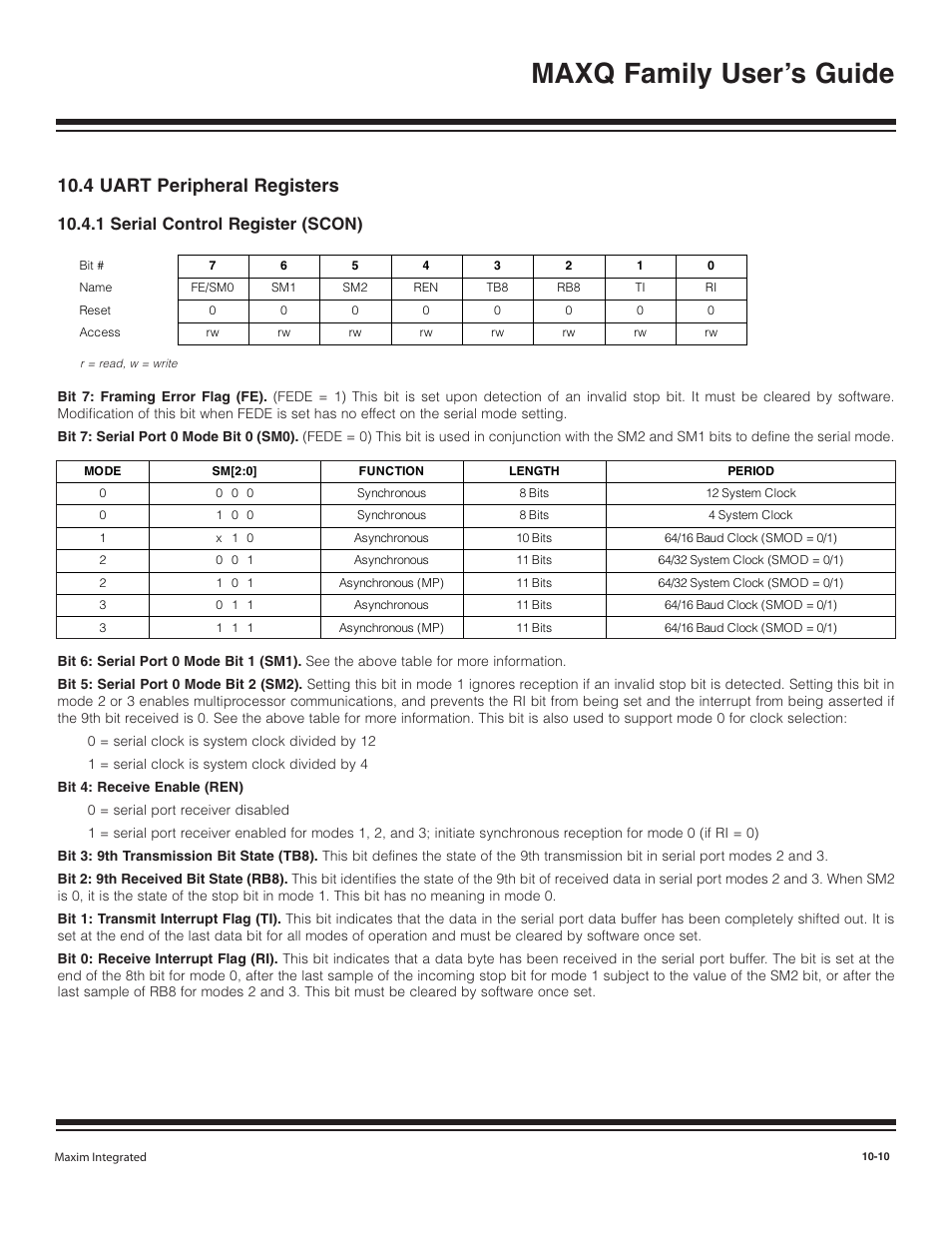 4 uart peripheral registers, 1 serial control regist, 4 uart peripheral registers -10 | 1 serial control register (scon) -10, Maxq family user’s guide, 1 serial control register (scon) | Maxim Integrated MAXQ Family User Manual | Page 111 / 216