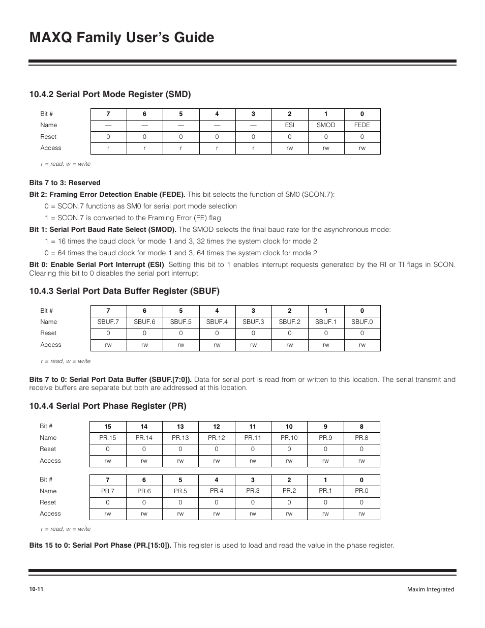 2 serial port mode regi, 3 serial port data buff, 4 serial port phase reg | 2 serial port mode register (smd) -11, 3 serial port data buffer register (sbuf) -11, 4 serial port phase register (pr) -11, Maxq family user’s guide, 2 serial port mode register (smd), 3 serial port data buffer register (sbuf), 4 serial port phase register (pr) | Maxim Integrated MAXQ Family User Manual | Page 112 / 216