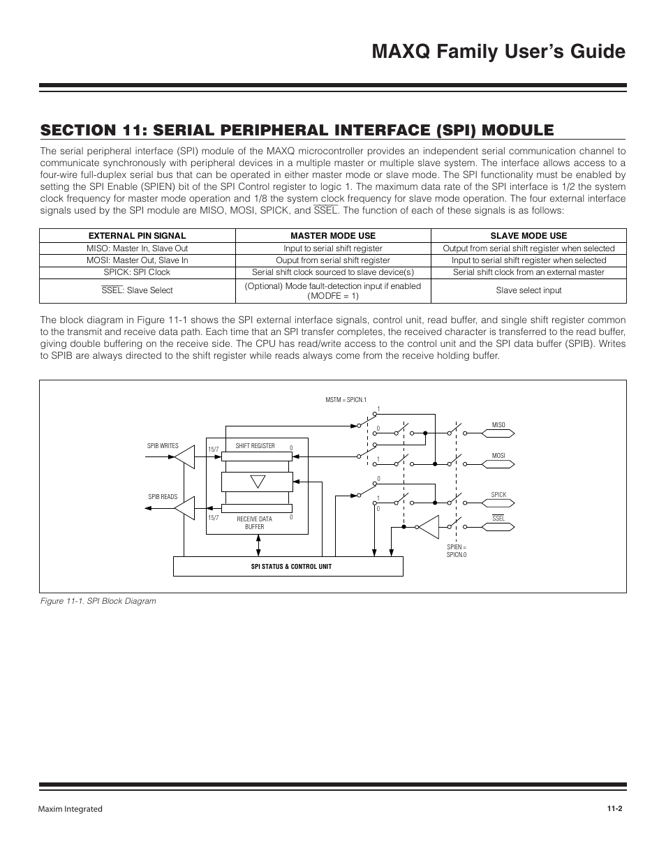 Figure 11-1. spi block diagram -2, Maxq family user’s guide | Maxim Integrated MAXQ Family User Manual | Page 114 / 216