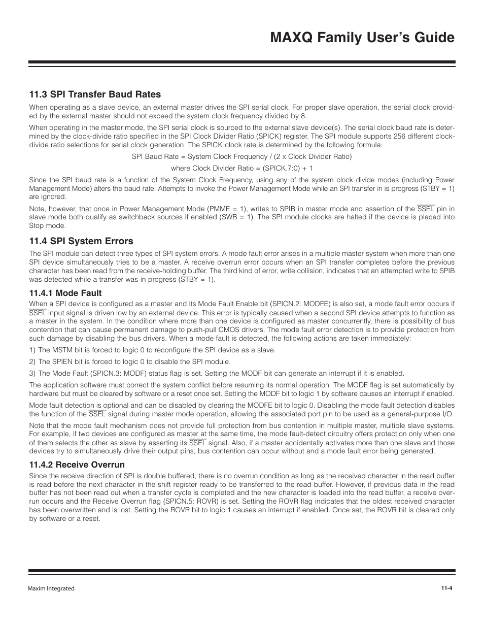 3 spi transfer baud rates, 4 spi system errors, 1 mode fault | 2 receive overrun, 3 spi transfer baud rates -4, 4 spi system errors -4, 1 mode fault -4, 2 receive overrun -4, Maxq family user’s guide | Maxim Integrated MAXQ Family User Manual | Page 116 / 216