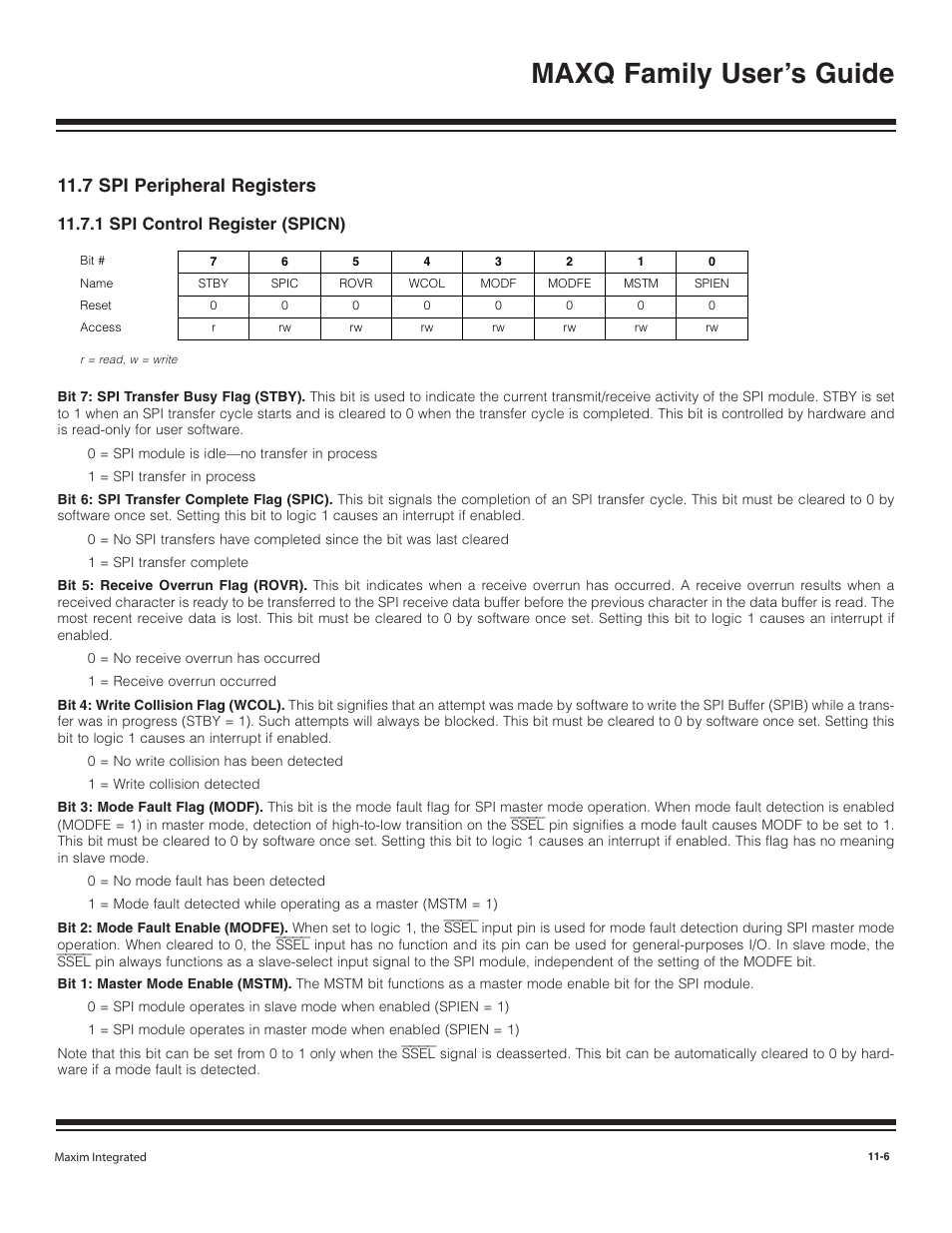7 spi peripheral registers, 1 spi control register, 7 spi peripheral registers -6 | 1 spi control register (spicn) -6, Maxq family user’s guide, 1 spi control register (spicn) | Maxim Integrated MAXQ Family User Manual | Page 118 / 216