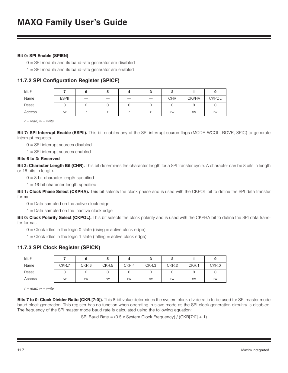 2 spi configuration reg, 3 spi clock register (s, 2 spi configuration register (spicf) -7 | 3 spi clock register (spick) -7, Maxq family user’s guide, 2 spi configuration register (spicf), 3 spi clock register (spick) | Maxim Integrated MAXQ Family User Manual | Page 119 / 216