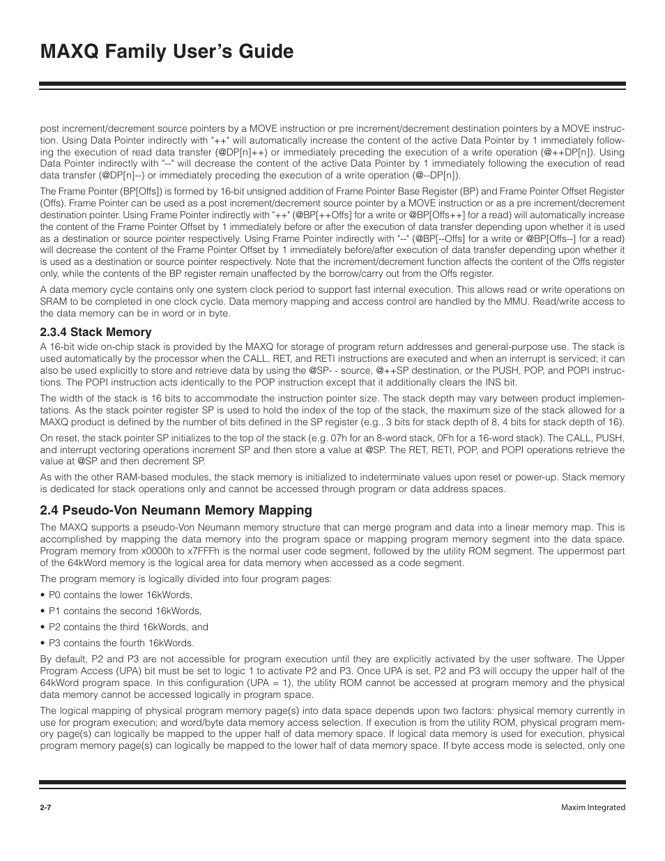 4 stack memory, 4 pseudo-von neumann memor, 4 stack memory -7 | 4 pseudo-von neumann memory mapping -7, Maxq family user’s guide | Maxim Integrated MAXQ Family User Manual | Page 12 / 216