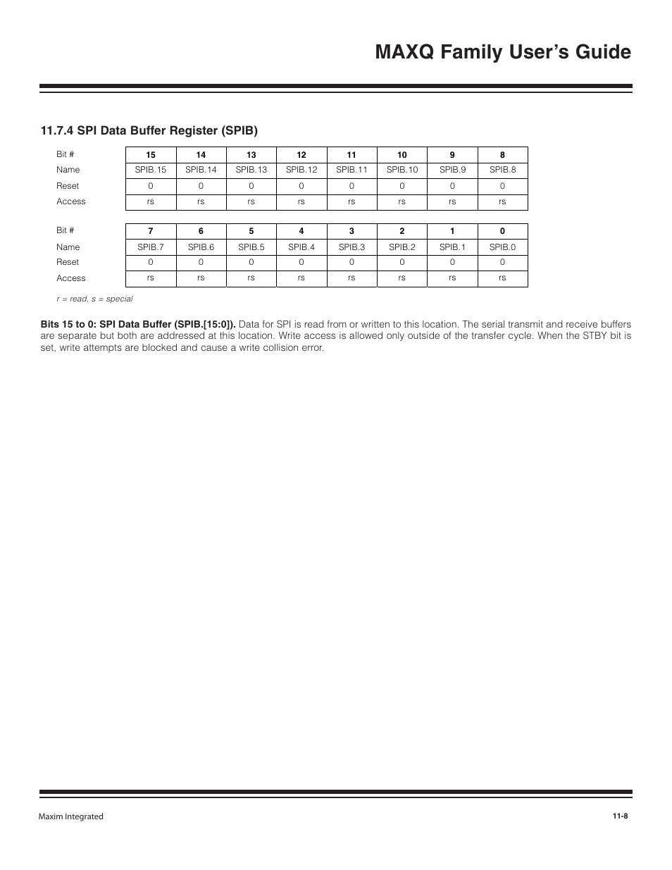 4 spi data buffer regis, 4 spi data buffer register (spib) -8, Maxq family user’s guide | 4 spi data buffer register (spib) | Maxim Integrated MAXQ Family User Manual | Page 120 / 216