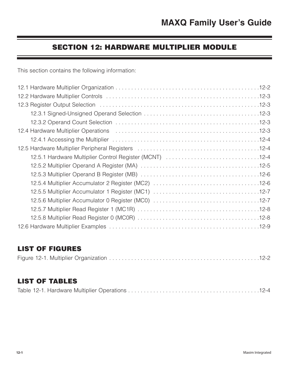 Section 12: hardware multiplier module, Section 12: hardware multiplier mode -1, Maxq family user’s guide | Maxim Integrated MAXQ Family User Manual | Page 121 / 216