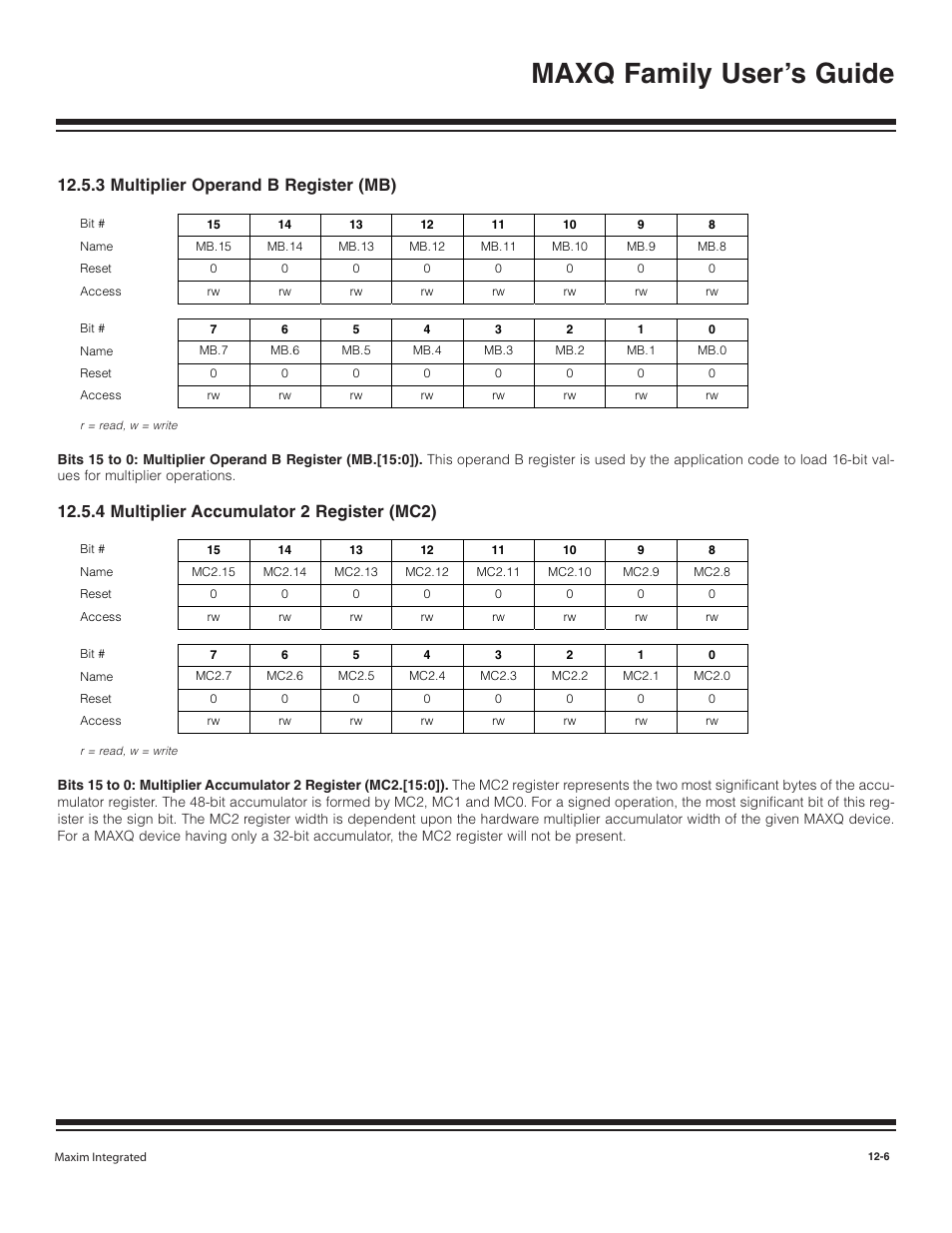 3 multiplier operand b, 4 multiplier accumulato, 3 multiplier operand b register (mb) -6 | 4 multiplier accumulator 2 register (mc2) -6, Maxq family user’s guide, 3 multiplier operand b register (mb), 4 multiplier accumulator 2 register (mc2) | Maxim Integrated MAXQ Family User Manual | Page 126 / 216