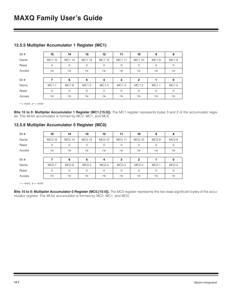 5 multiplier accumulato, 6 multiplier accumulato, 5 multiplier accumulator 1 register (mc1) -7 | 6 multiplier accumulator 0 register (mc0) -7, Maxq family user’s guide, 5 multiplier accumulator 1 register (mc1), 6 multiplier accumulator 0 register (mc0) | Maxim Integrated MAXQ Family User Manual | Page 127 / 216