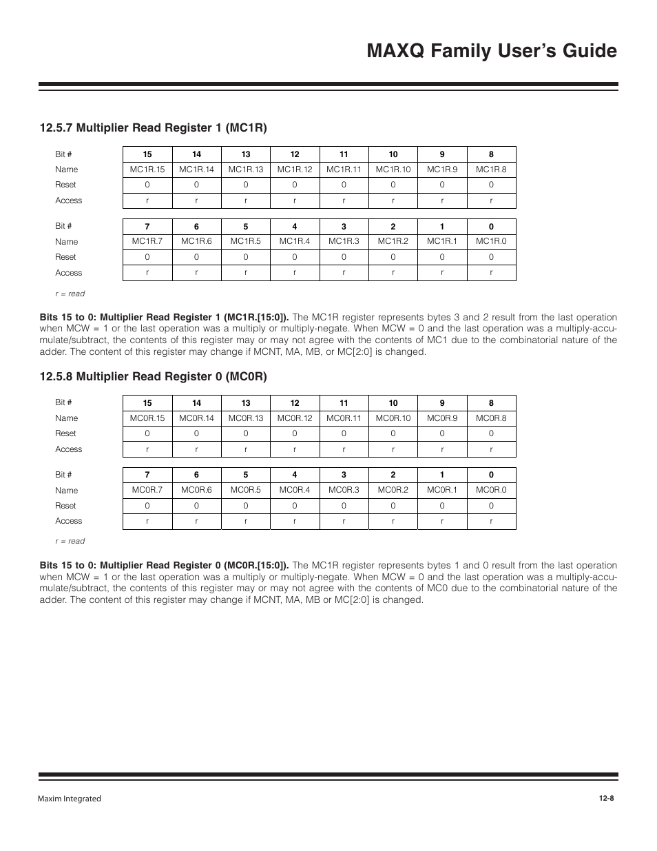 7 multiplier read regis, 8 multiplier read regis, 7 multiplier read register 1 (mc1r) -8 | 8 multiplier read register 0 (mc0r) -8, Maxq family user’s guide, 7 multiplier read register 1 (mc1r), 8 multiplier read register 0 (mc0r) | Maxim Integrated MAXQ Family User Manual | Page 128 / 216