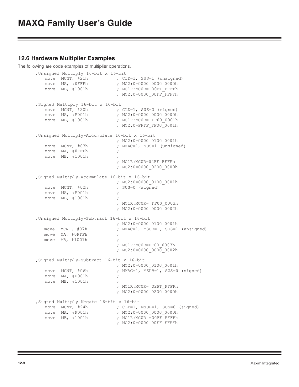 6 hardware multiplier exa, 6 hardware multiplier examples -9, Maxq family user’s guide | 6 hardware multiplier examples | Maxim Integrated MAXQ Family User Manual | Page 129 / 216