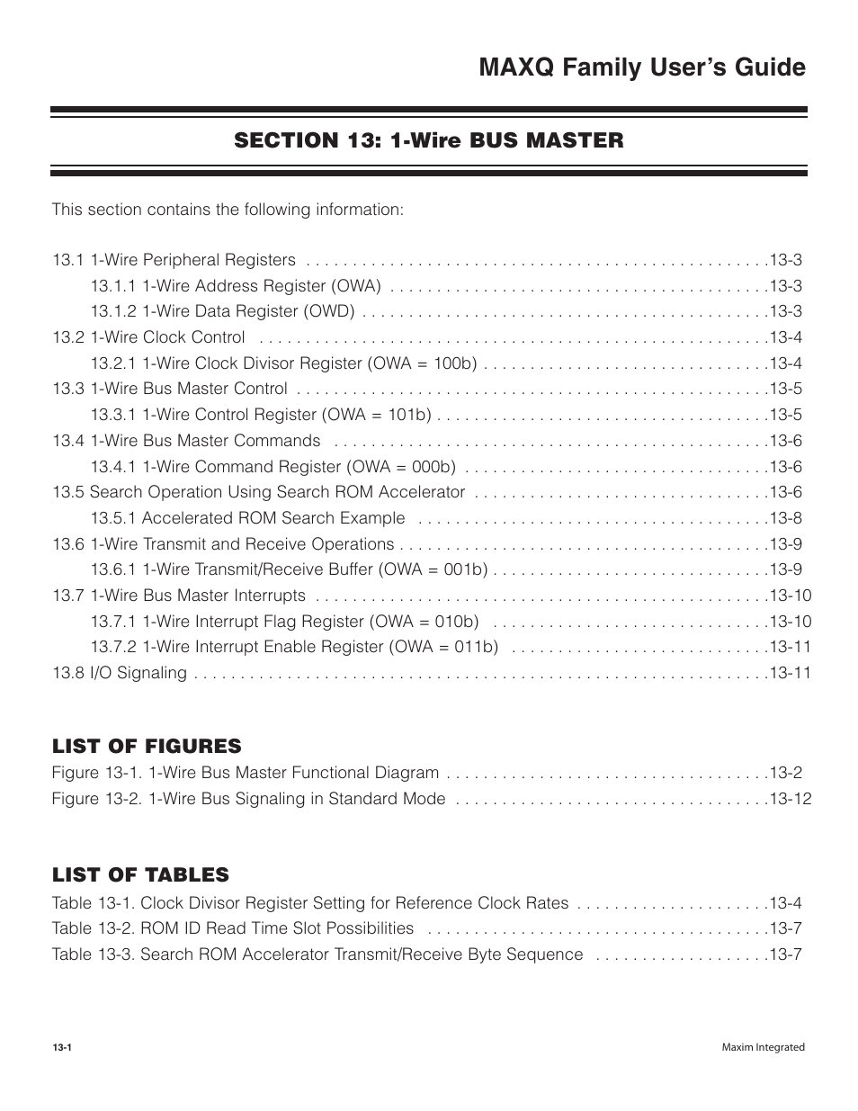 Section 13: 1-wire bus master, Section 13: 1-wire bus master -1, Maxq family user’s guide | Maxim Integrated MAXQ Family User Manual | Page 130 / 216