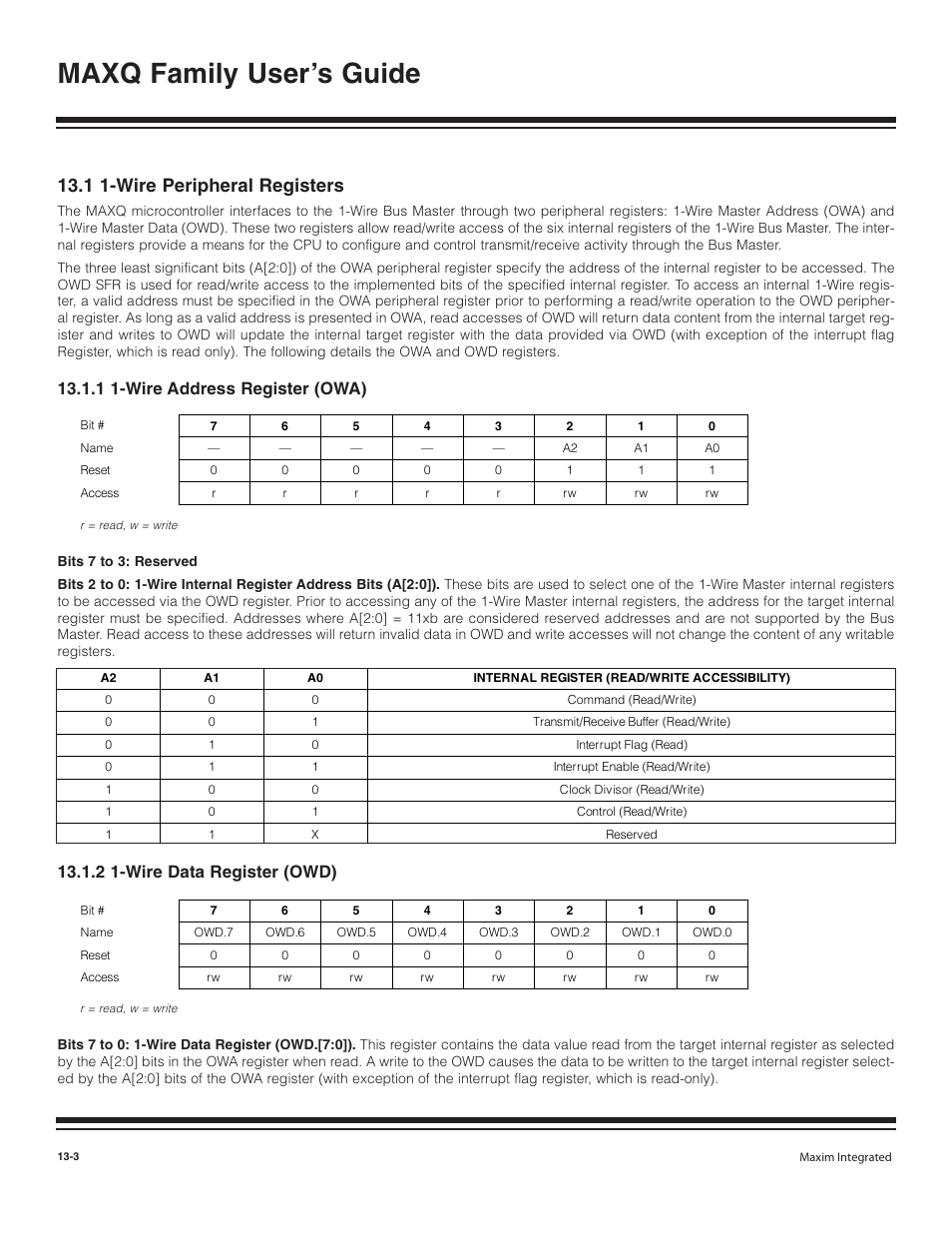 1 1-wire peripheral regis, 1 1-wire address regist, 2 1-wire data register | 1 1-wire peripheral registers -3, 1 1-wire address register (owa) -3, 2 1-wire data register (owd) -3, Maxq family user’s guide, 1 1-wire peripheral registers, 1 1-wire address register (owa), 2 1-wire data register (owd) | Maxim Integrated MAXQ Family User Manual | Page 132 / 216