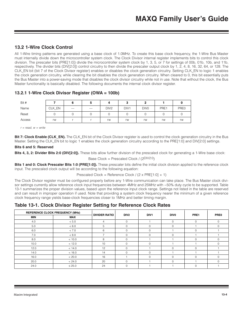 2 1-wire clock control, 1 1-wire clock divisor, 2 1-wire clock control -4 | 1 1-wire clock divisor register (owa = 100b) -4, Maxq family user’s guide | Maxim Integrated MAXQ Family User Manual | Page 133 / 216