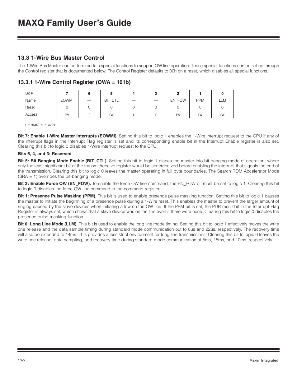 3 1-wire bus master control, 1 1-wire control regist, 3 1-wire bus master control -5 | 1 1-wire control register (owa = 101b) -5, Maxq family user’s guide | Maxim Integrated MAXQ Family User Manual | Page 134 / 216