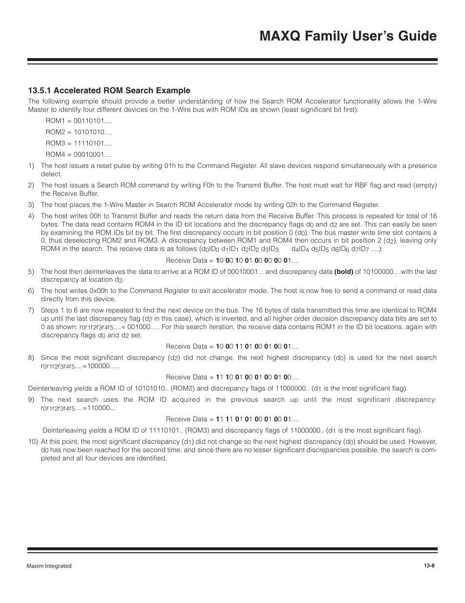 1 accelerated rom searc, 1 accelerated rom search example -8, Maxq family user’s guide | 1 accelerated rom search example | Maxim Integrated MAXQ Family User Manual | Page 137 / 216