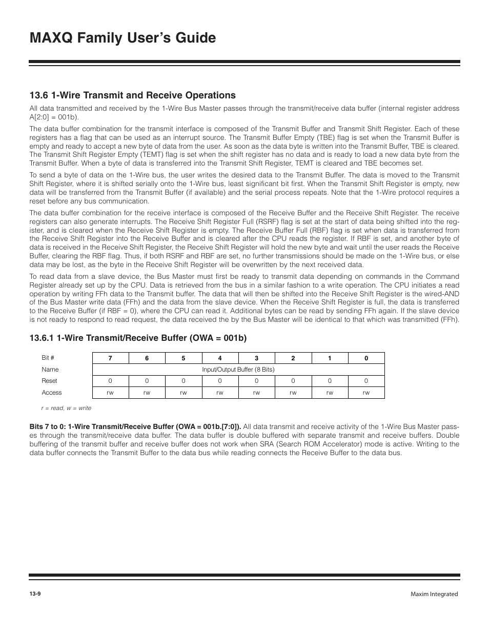 6 1-wire transmit and rec, 1 1-wire transmit/recei, 6 1-wire transmit and receive operations -9 | 1 1-wire transmit/receive buffer (owa = 001b) -9, Maxq family user’s guide, 6 1-wire transmit and receive operations | Maxim Integrated MAXQ Family User Manual | Page 138 / 216