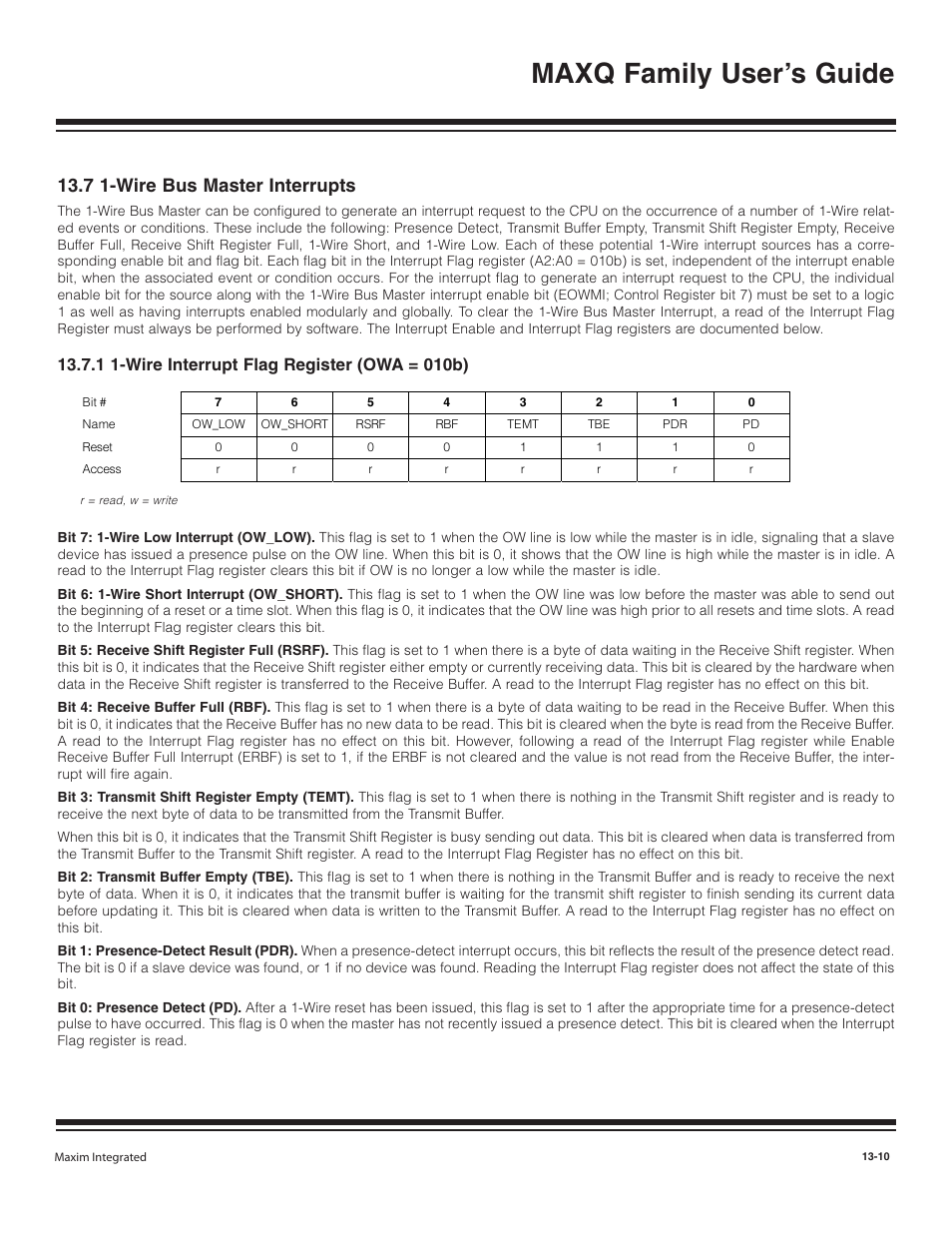 7 1-wire bus master inter, 1 1-wire interrupt flag, 7 1-wire bus master interrupts -10 | 1 1-wire interrupt flag register (owa = 010b) -10, Maxq family user’s guide, 7 1-wire bus master interrupts | Maxim Integrated MAXQ Family User Manual | Page 139 / 216