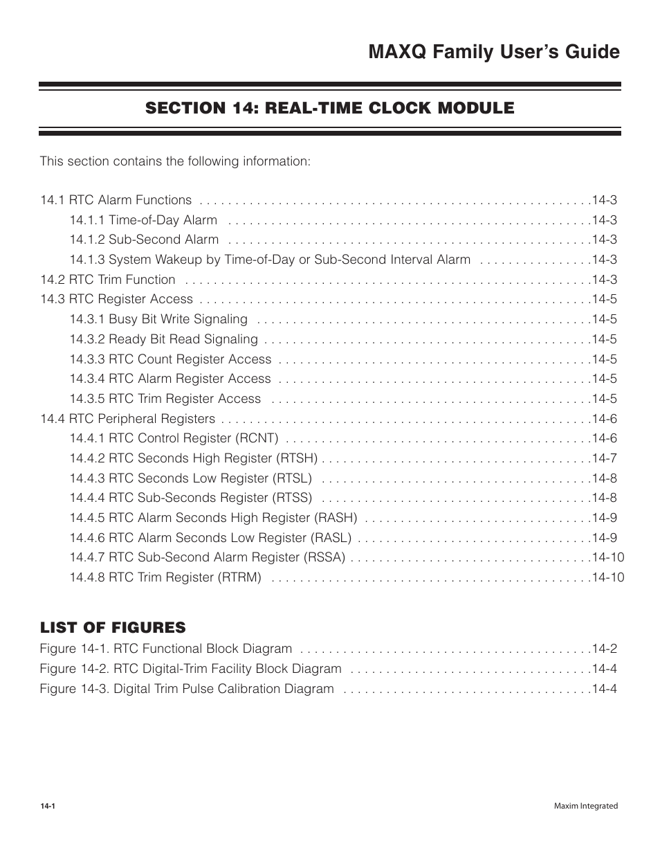 Section 14: real-time clock module, Section 14: real-time clock module -1, Maxq family user’s guide | Maxim Integrated MAXQ Family User Manual | Page 142 / 216