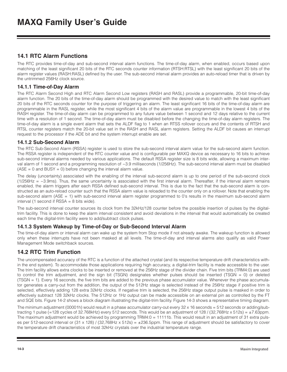 1 rtc alarm functions, 1 time-of-day alarm, 2 sub-second alarm | 3 system wakeup by time, 2 rtc trim function, 1 rtc alarm functions -3, 1 time-of-day alarm -3, 2 sub-second alarm -3, 2 rtc trim function -3, Maxq family user’s guide | Maxim Integrated MAXQ Family User Manual | Page 144 / 216
