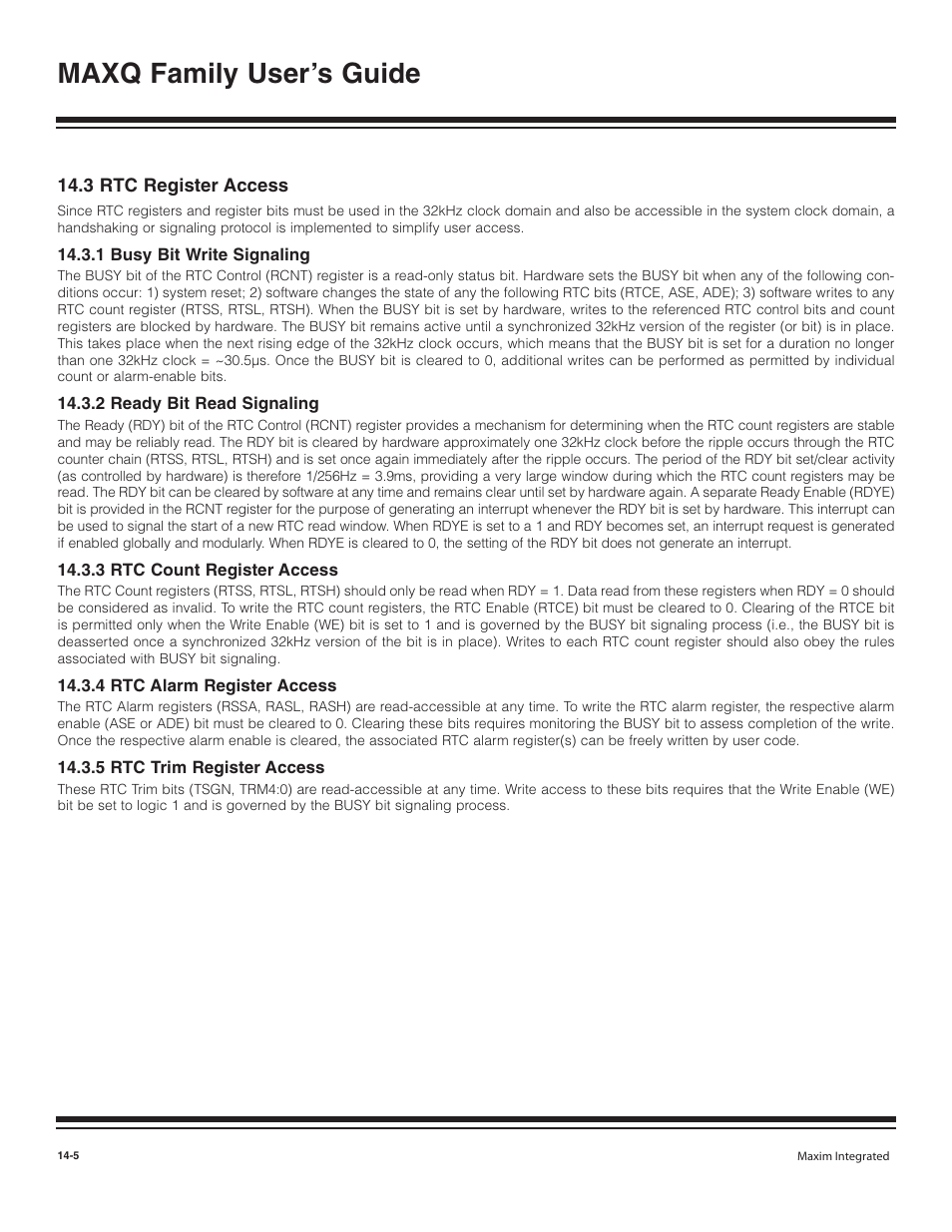 3 rtc register access, 1 busy bit write signaling, 2 ready bit read signaling | 3 rtc count register ac, 4 rtc alarm register ac, 5 rtc trim register access, 3 rtc register access -5, 1 busy bit write signaling -5, 2 ready bit read signaling -5, 3 rtc count register access -5 | Maxim Integrated MAXQ Family User Manual | Page 146 / 216