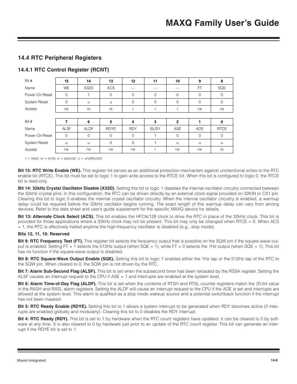 4 rtc peripheral registers, 1 rtc control register, 4 rtc peripheral registers -6 | 1 rtc control register (rcnt) -6, Maxq family user’s guide, 1 rtc control register (rcnt) | Maxim Integrated MAXQ Family User Manual | Page 147 / 216