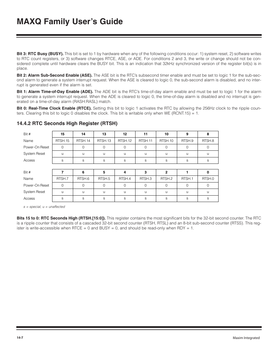 2 rtc seconds high regi, 2 rtc seconds high register (rtsh) -7, Maxq family user’s guide | 2 rtc seconds high register (rtsh) | Maxim Integrated MAXQ Family User Manual | Page 148 / 216