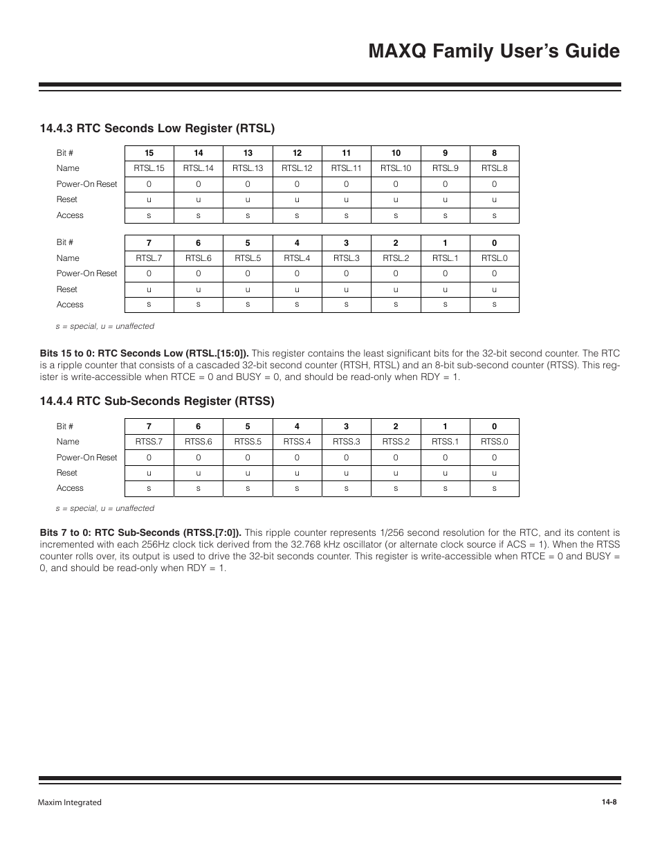 3 rtc seconds low regis, 4 rtc sub-seconds regis, 3 rtc seconds low register (rtsl) -8 | 4 rtc sub-seconds register (rtss) -8, Maxq family user’s guide, 3 rtc seconds low register (rtsl), 4 rtc sub-seconds register (rtss) | Maxim Integrated MAXQ Family User Manual | Page 149 / 216