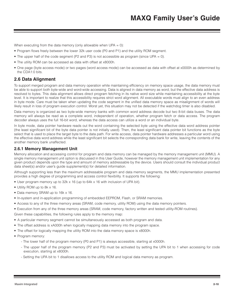 6 data alignment, 1 memory management unit, 6 data alignment -10 | 1 memory management unit -10, Maxq family user’s guide | Maxim Integrated MAXQ Family User Manual | Page 15 / 216