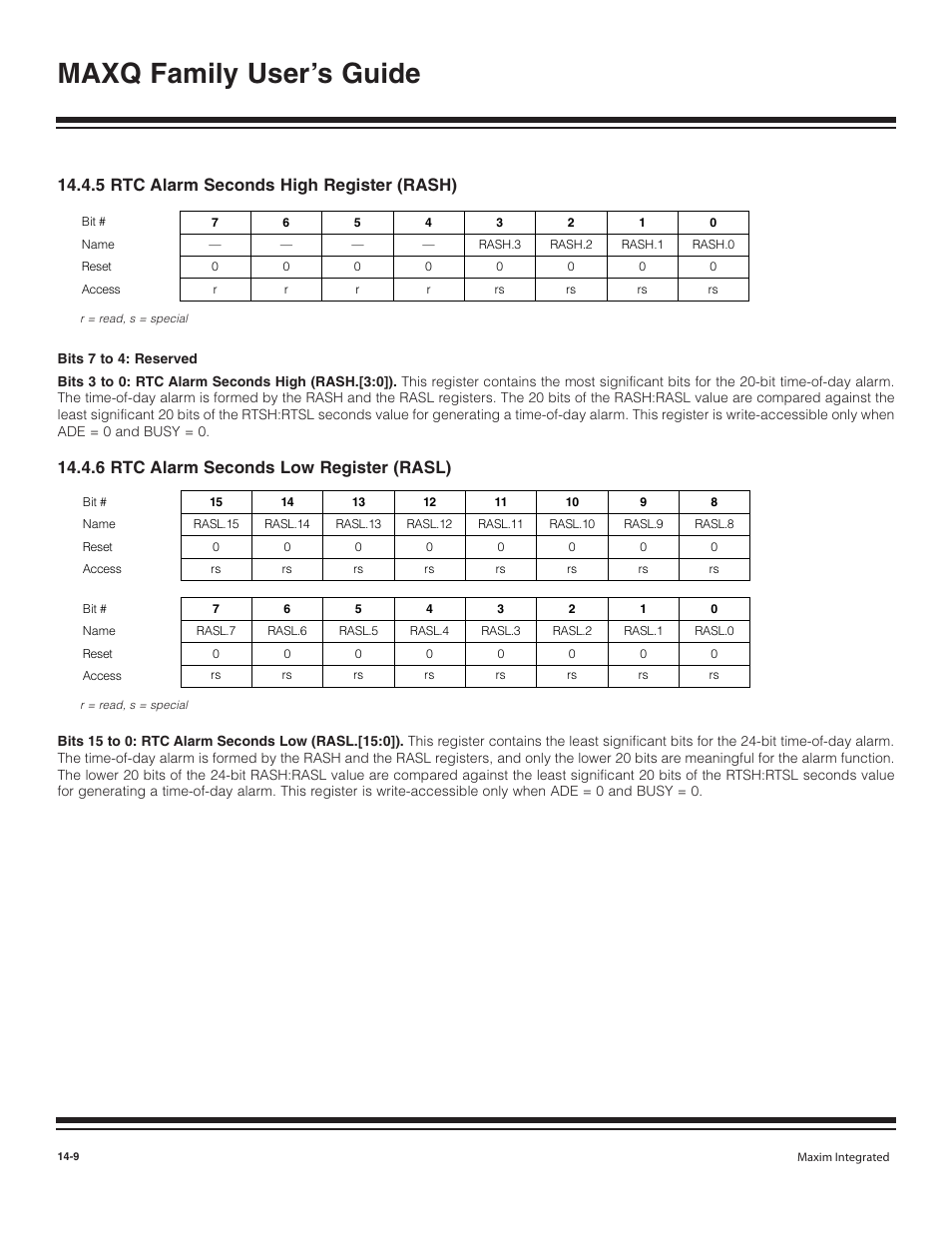 5 rtc alarm seconds hig, 6 rtc alarm seconds low, 5 rtc alarm seconds high register (rash) -9 | 6 rtc alarm seconds low register (rasl) -9, Maxq family user’s guide, 5 rtc alarm seconds high register (rash), 6 rtc alarm seconds low register (rasl) | Maxim Integrated MAXQ Family User Manual | Page 150 / 216