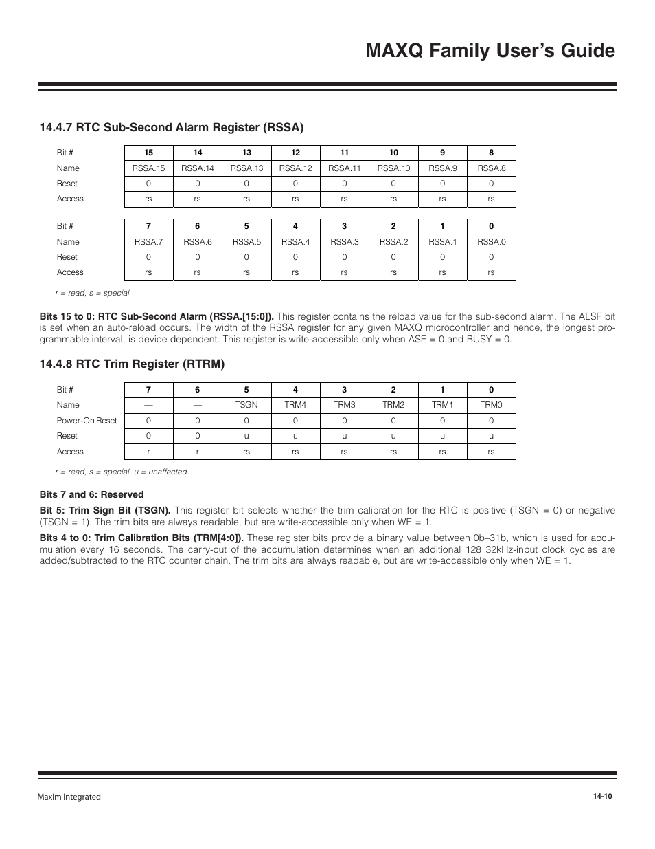 7 rtc sub-second alarm, 8 rtc trim register (rtrm), 7 rtc sub-second alarm register (rssa) -10 | 8 rtc trim register (rtrm) -10, Maxq family user’s guide, 7 rtc sub-second alarm register (rssa) | Maxim Integrated MAXQ Family User Manual | Page 151 / 216