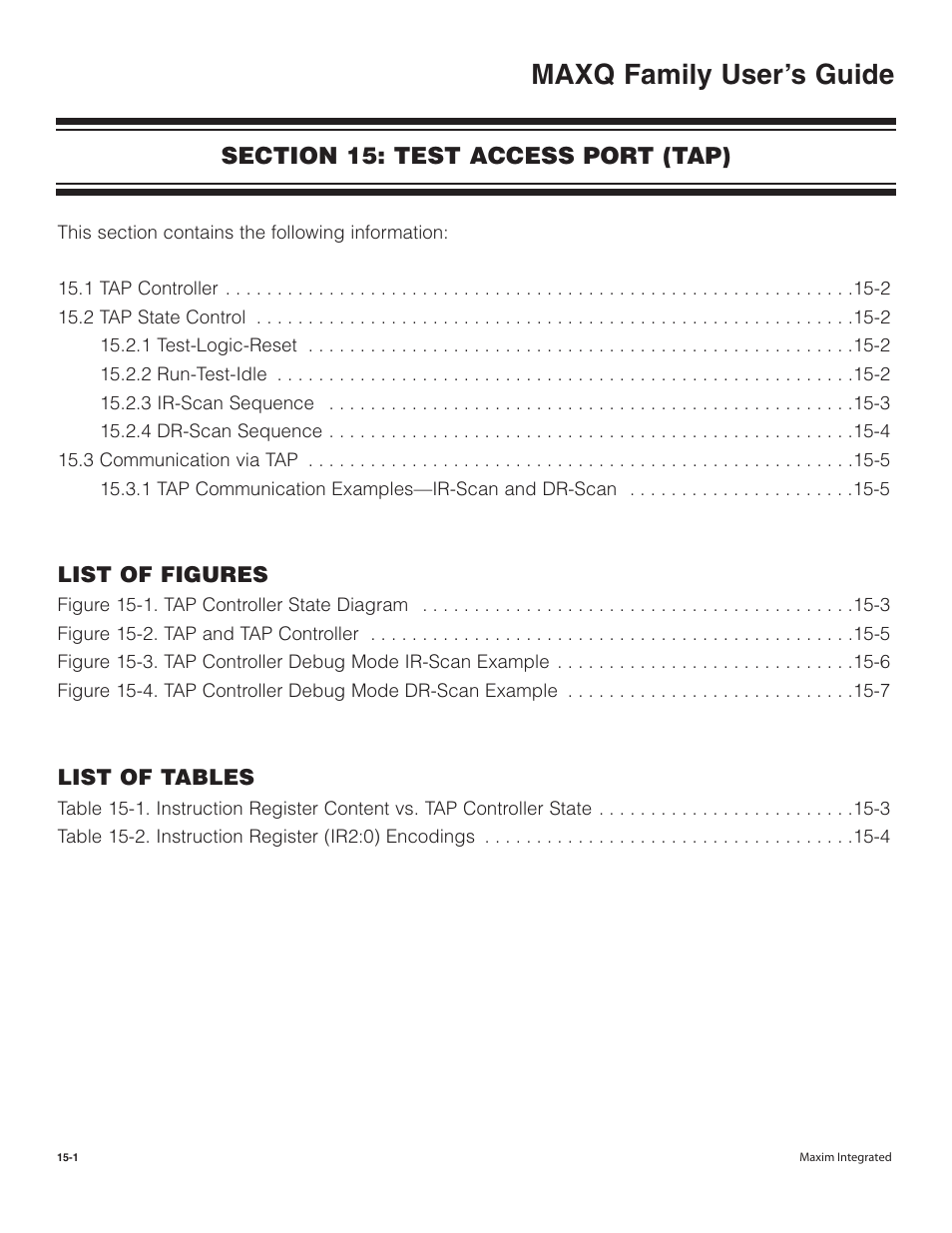 Section 15: test access port (tap), Section 15: test access port (tap) -1, Maxq family user’s guide | Maxim Integrated MAXQ Family User Manual | Page 152 / 216