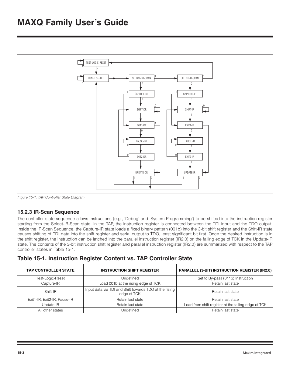 3 ir-scan sequence, 3 ir-scan sequence -3, Figure 15-1. tap controller state diagram -3 | Maxq family user’s guide | Maxim Integrated MAXQ Family User Manual | Page 154 / 216