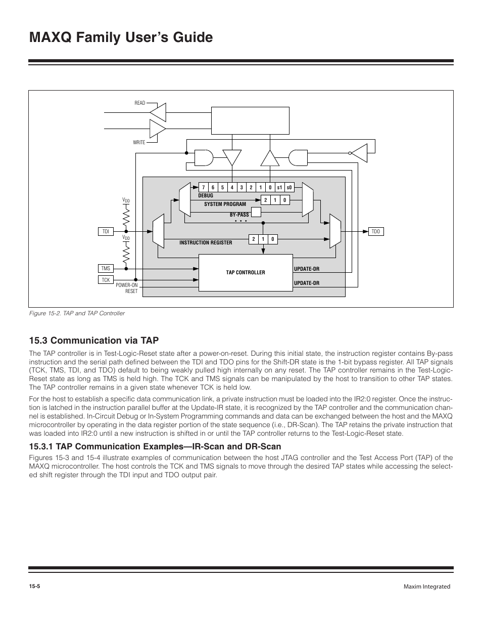 3 communication via tap, 1 tap communication exa, 3 communication via tap -5 | Figure 15-2. tap and tap controller -5, Maxq family user’s guide, 1 tap communication examples—ir-scan and dr-scan | Maxim Integrated MAXQ Family User Manual | Page 156 / 216