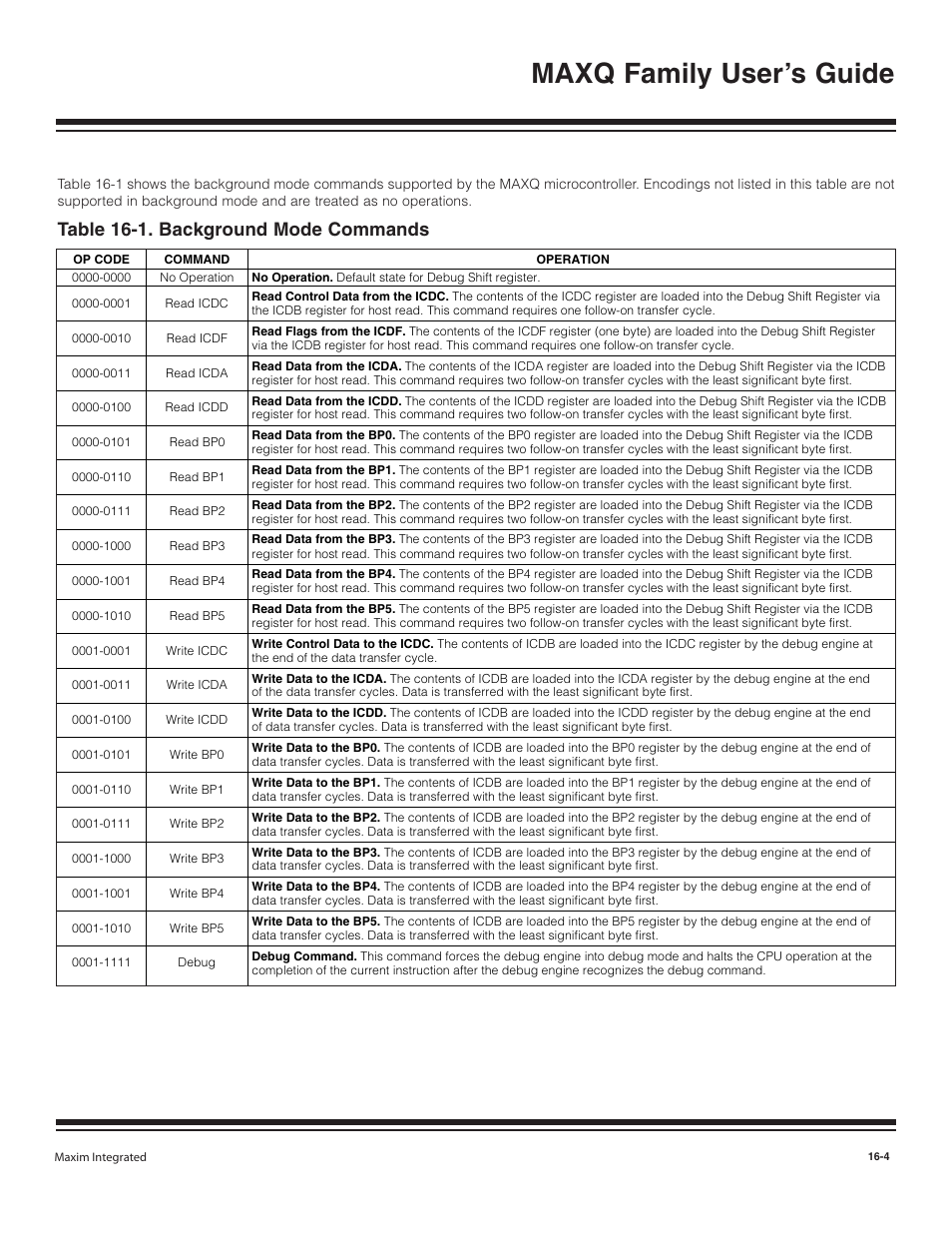 Table 16-1. background mode commands -4, Maxq family user’s guide, Table 16-1. background mode commands | Maxim Integrated MAXQ Family User Manual | Page 162 / 216